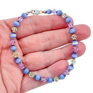 Vintage Sterling Silver 925 Blue Purple Green Crystal Anklet 9.5"